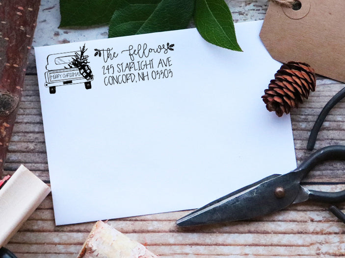 Pickup Truck with Christmas Tree Address Stamp