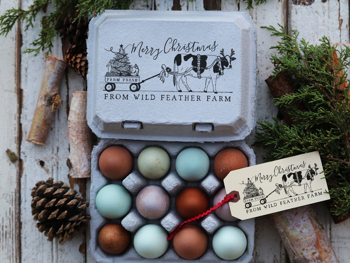 Christmas on the Farm Cow and Wagon Rubber Stamp
